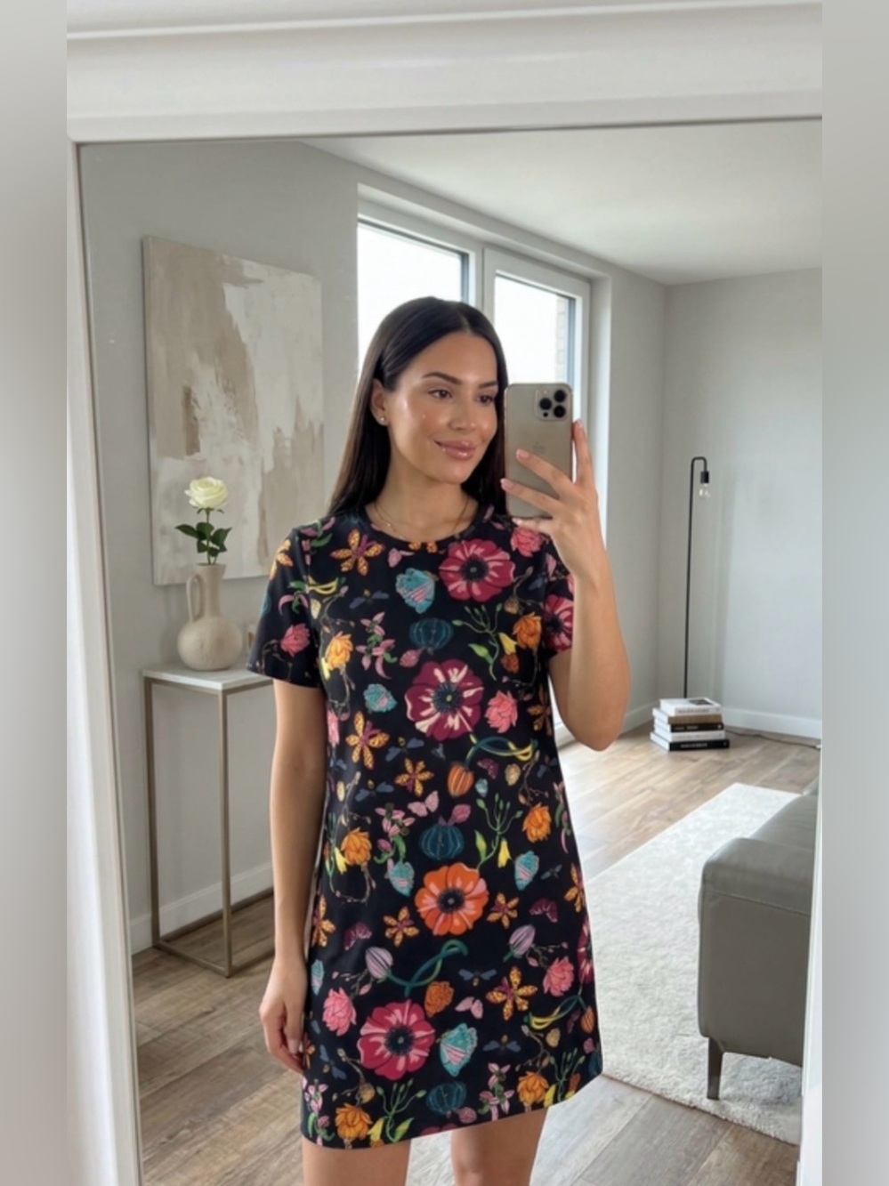 ZARA Trafaluc Botanical Bug Print Shift Dress Whimsical Floral Mini Dress Size S